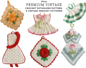 Premium Vintage Potholders Set Crochet Pattern PDF Download,Vintage Dress Potholder,SunBonnet Sue Potholder,Yellow Rose Potholder,Granny PDF