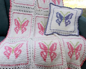 Butterfly Afghan and Pillow Crochet Pattern (Digital Download)