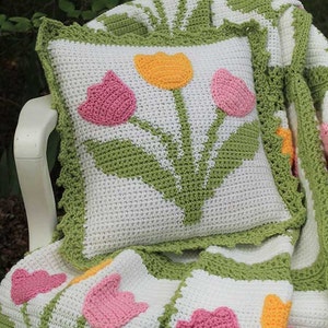 Tulip Afghan & Pillow Set Crochet Pattern PDF Download,Tulip Crochet Blanket,Floral Afghan Pattern,Tulip Applique,Tulip Afghan Crochet PDF image 4