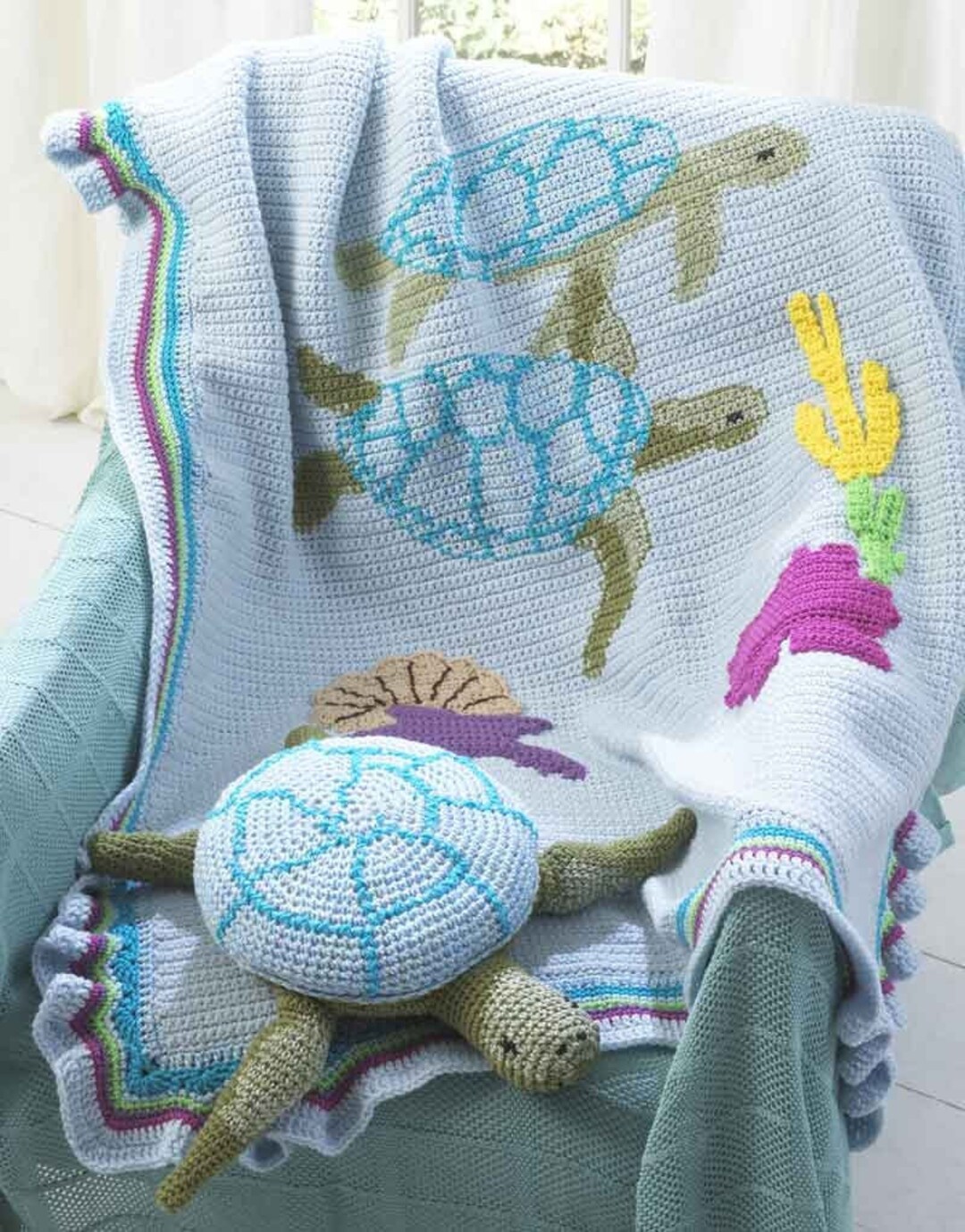 Crochet Turtle Afghan and Pillow Pattern, Under the Sea Design (PDF ...