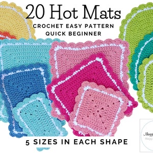 May include: Twenty crochet hot mats in five different sizes and shapes, including square, oval, and round. The mats are in various colors, including yellow, orange, red, pink, blue, green, and turquoise. The mats are crocheted with a white border.