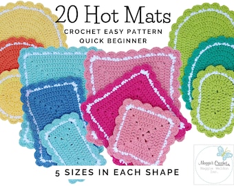Peut inclure: Vingt dessous-de-plat en crochet de cinq tailles et formes différentes, y compris carré, ovale et rond. Les dessous-de-plat sont de différentes couleurs, notamment jaune, orange, rouge, rose, bleu, vert et turquoise. Les dessous-de-plat sont crochetés avec une bordure blanche.