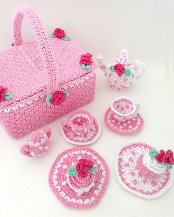 Polka Dot Crochet Tea Set Pattern with Picnic Basket (PDF Download)