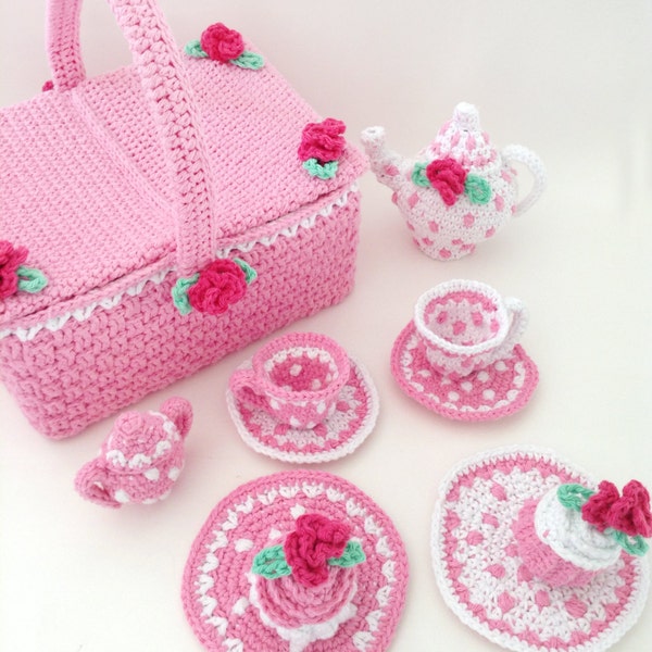 Service à thé à pois avec panier de pique-Motif au crochet PDF Télécharger,Service à thé pour enfants,Ensemble de jeux au crochet,Crochet Tea Time,Modèle de thé,Thé au crochet