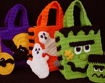 Crochet Halloween Bag Pattern, Ghost, Frankenstein, Bat (PDF Download)