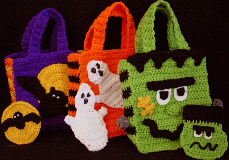 Ghost, Bat and Frankenstein Bags crochet pattern listing photo by Maggiescrochet