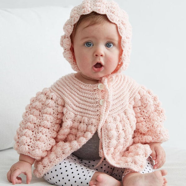 Crochet Baby Sweater and Hat Pattern, Puff Stitch Crochet Pattern, Crochet Baby Bonnet, Crochet Baby Sweater, Crochet Baby Shower Gift