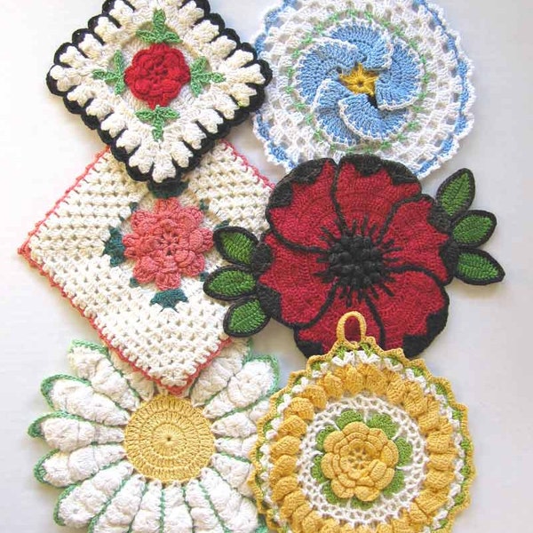 Vintage bloemen pannenlappen haakpatroon PDF downloaden, oma Rose pannenlap, gegolfde Rose pannenlap, Daisy pannenlap, gehaakte schelp pannenlap