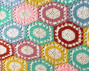 Hexagon Afghan Crochet Pattern, Scrap Yarn Quilt (PDF Download)