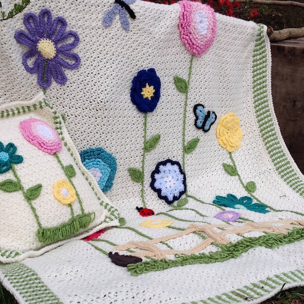 Field Of Flowers Afghan & Pillow Set Crochet Pattern PDF Download,Floral Afghan,Crochet Flowers,Flower Blanket,Butterfly,Dragonfly,Ladybug