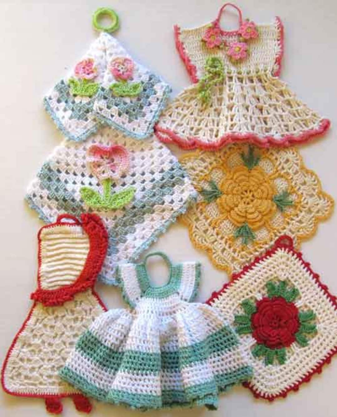 Vintage Crochet Potholder Pattern Set, Dress, Rose, Granny (PDF Download)