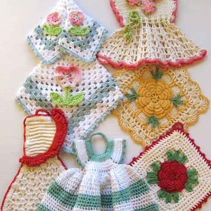 Premium Vintage Potholders Set Crochet Pattern PDF Download,Vintage Dress Potholder,SunBonnet Sue Potholder,Yellow Rose Potholder,Granny PDF