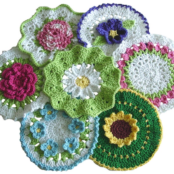 Floral Bouquet Of Dishcloths Set 1 Crochet Pattern PDF Download,Carnation Dishcloth,Pansy,Rosebud,Sunflower,Rose,Daisy,Forget Me Not Pattern