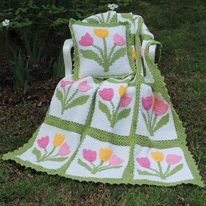 Tulip Afghan & Pillow Set Crochet Pattern PDF Download,Tulip Crochet Blanket,Floral Afghan Pattern,Tulip Applique,Tulip Afghan Crochet PDF image 1