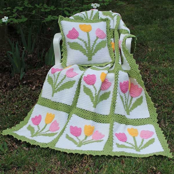 Tulip Afghan & Pillow Set Crochet Pattern PDF Download,Tulip Crochet Blanket,Floral Afghan Pattern,Tulip Applique,Tulip Afghan Crochet PDF