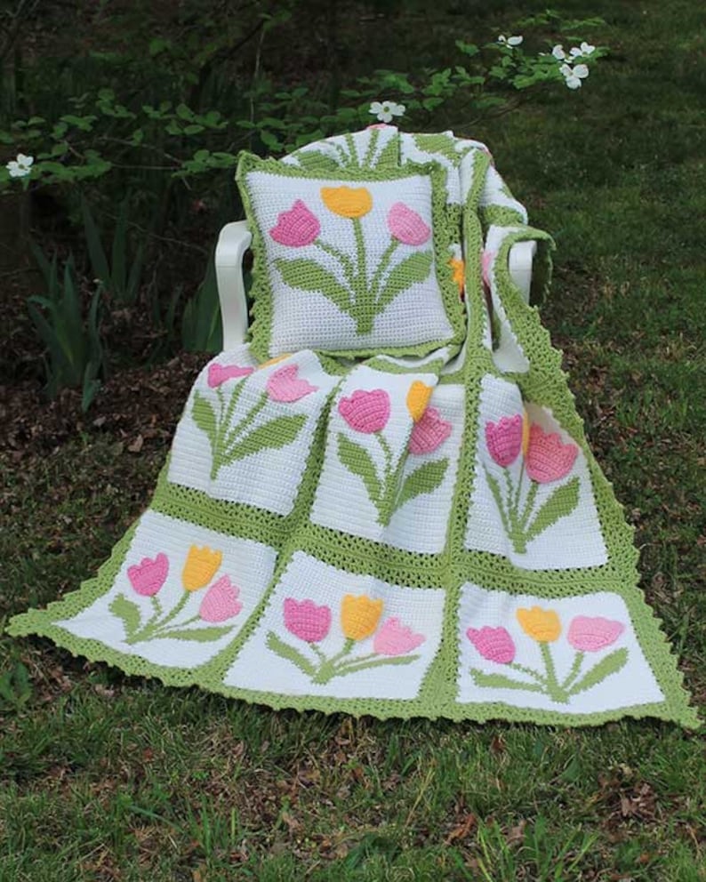 Tulip Afghan & Pillow Set Crochet Pattern PDF Download,Tulip Crochet Blanket,Floral Afghan Pattern,Tulip Applique,Tulip Afghan Crochet PDF image 1