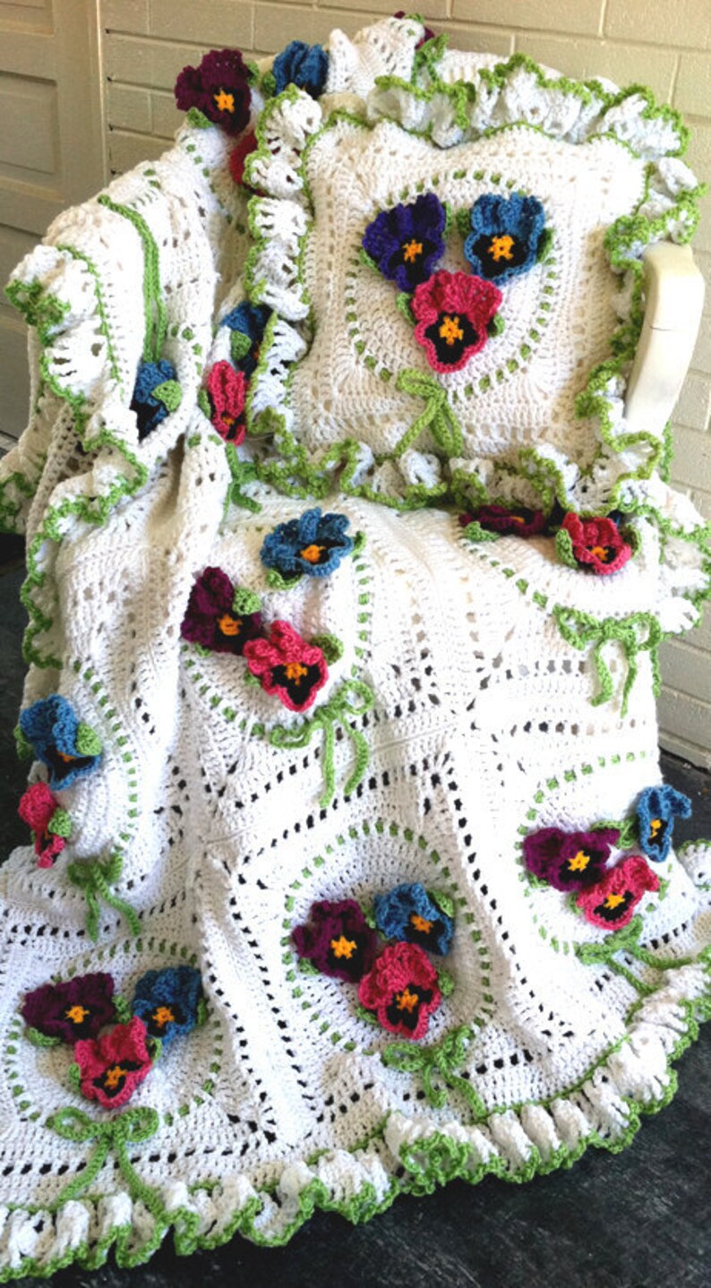 Crochet Pattern Pansy Afghan & Pillow PB039-R