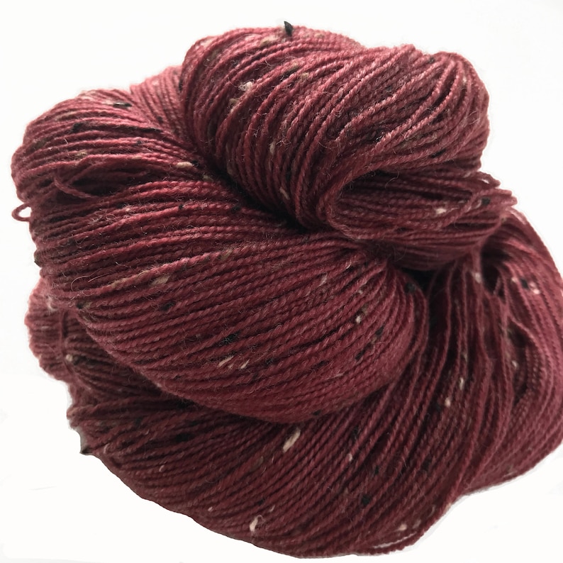 Donegal tweed yarn, hand dyed, fingering weight, 438 yds, 2 ply, cranberry, Grainne, BFL and nylon blend image 1