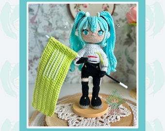 May include: A crocheted amigurumi doll of Racing Miku, with turquoise hair and a white and black outfit, holding a green flag. The text "RACING MIKU Amigurumi Pattern" and "PDF ONLY" are displayed on a teal background.