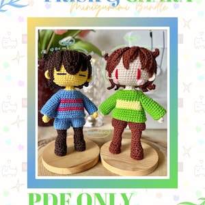 May include: Crocheted Frisk and Chara amigurumi dolls, each standing on a wooden base. Frisk wears a blue and brown outfit, while Chara is in green and brown. The text "FRISK & CHARA Minigurumi Bundle" and "PDF ONLY" are displayed.