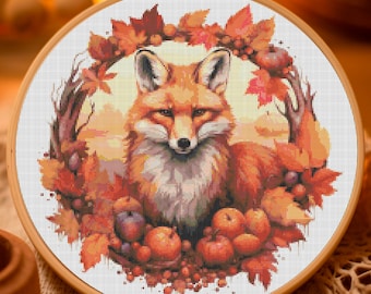 Patrón de punto de cruz Zorro de otoño (PDF), Zorro en una corona de otoño bordado