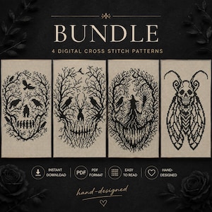 Gothic Cross Stitch Bundle, 4 Skull Horror Patterns, Witch Raven Moth (PDF)