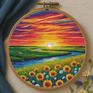 Puede incluir: Un bordado de punto de cruz de una puesta de sol sobre un río y un campo de girasoles. El cielo pasa del rojo al naranja y al morado. El bordado está en un aro de madera, con una tela azul en el fondo.