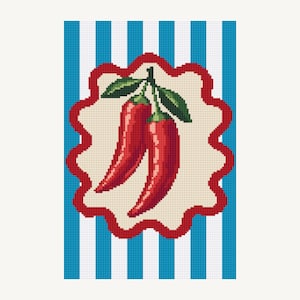 May include: A cross-stitch design showing two red chilli peppers with green leaves, set against a cream-coloured, scalloped background with a red border. The background has vertical blue and white stripes.