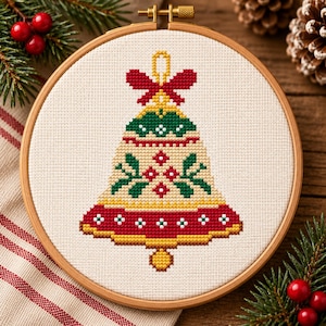 Mini Christmas Bell Cross Stitch Pattern, Traditional Christmas Ornament PDF