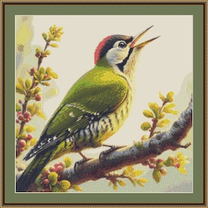 Green Woodpecker Cross Stitch Pattern: Bird Embroidery (PDF Pattern)