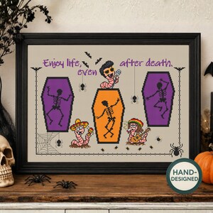 Halloween Cross Stitch Pattern, Funny Dancing Skeletons, Spooky Cute Worm Band, Coffin Cross Stitch, Gothic Spider Halloween Decor PDF