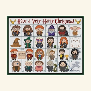May include: A cross-stitch advent calendar with a green border, featuring 24 numbered squares, each with a character or object from a fantasy series. The text "Have a Very Harry Christmas!" is displayed at the top of the calendar.
