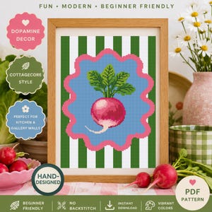 Vegetable Cross Stitch Pattern PDF,  Flirty Radish Cottagecore Embroidery Dopamine Decor Modern Kitchen Art