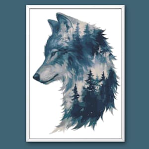 May include: A framed cross-stitch pattern featuring the profile of a wolf head in shades of blue, white, and dark grey. The wolf's fur is filled with a detailed silhouette of a dense pine forest, creating a double exposure effect within the animal.