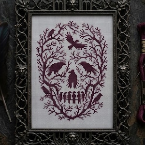 Gothic Skull Cross Stitch Pattern Raven Halloween PDF Monochrome Counted Cross Stitch Chart Horror Forest Embroidery Design for Beginners