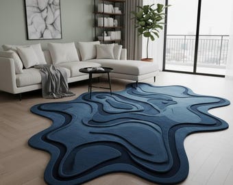 Hand Tufted Blue Amoeba Shape Rug – Modern 3D Abstract Wool Carpet for Living Room