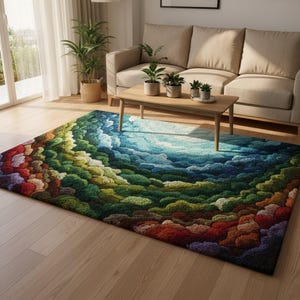May include: A rectangular area rug with a colorful, textured design. The rug features a gradient of colors, including red, green, blue, and brown, creating a cloud-like pattern. The rug is placed on a wooden floor in a living room setting.
