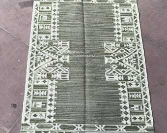 Handwoven Kilim Rug: Green Wool Indian Dhurrie, Geometric Carpet