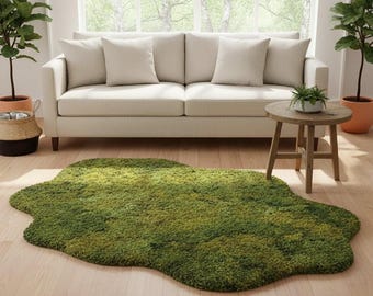 Hand Tufted Moss Rug | Green Nature Wool Carpet | Irregular Shape Organic Area Rug