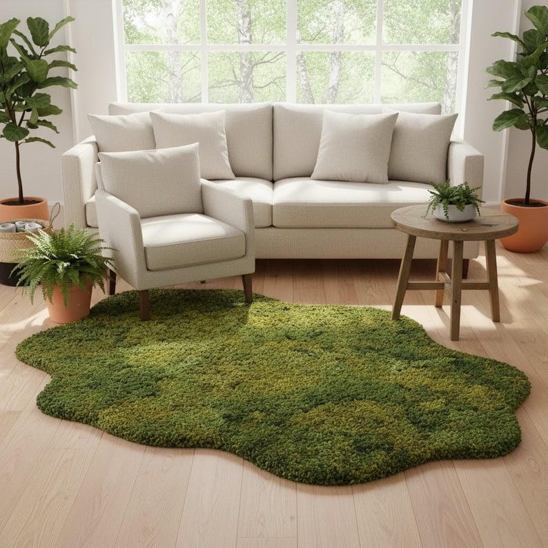 May include: A green, irregularly shaped rug resembling a patch of moss sits on a light wood floor. The rug is in front of a cream-colored sofa and armchair. Potted plants and a small wooden side table complete the living room scene.