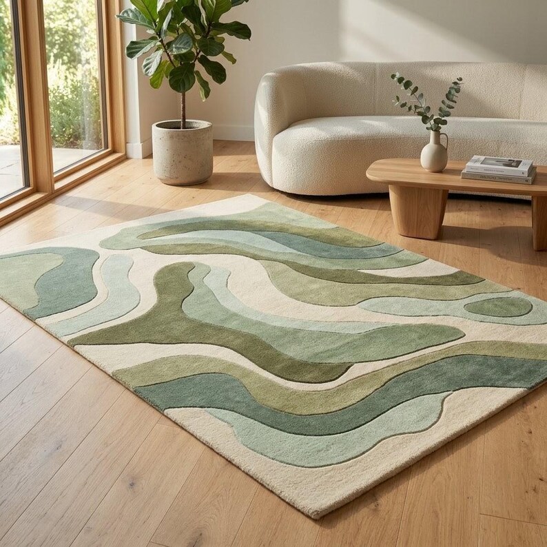 Rug Design Guide Hand Tufted Green Wool Rug | Organic Pebble Design Area Carpet ...