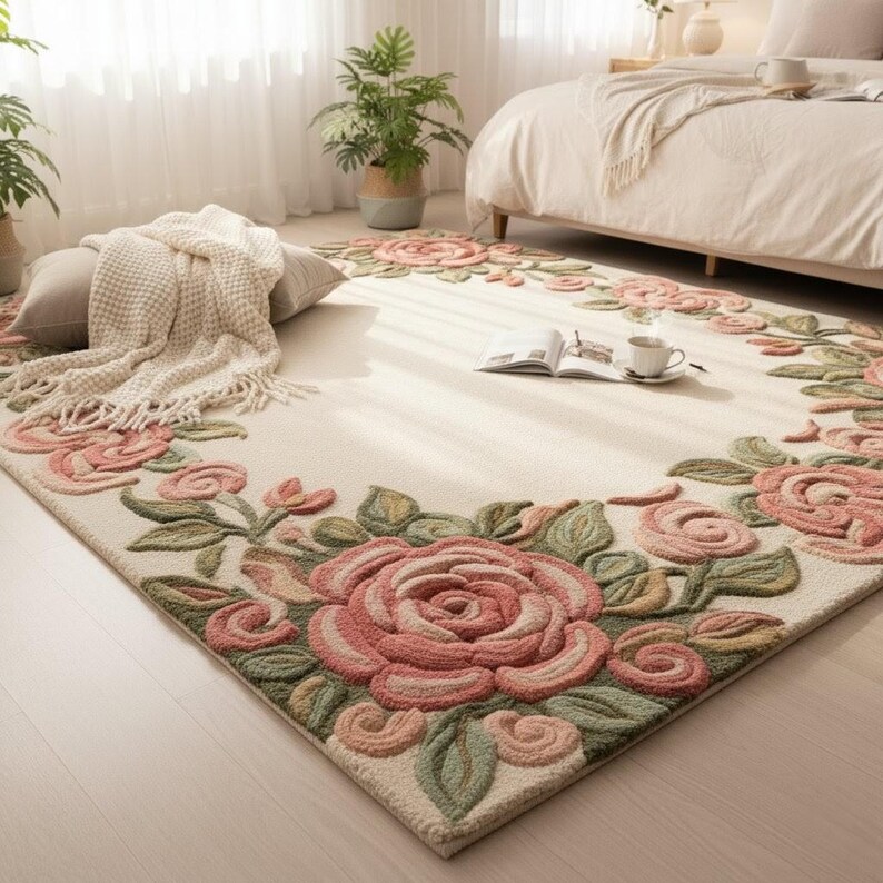 Hand Tufted Rose Floral Rug | New Zealand Wool Carpet | Vintage Border ...