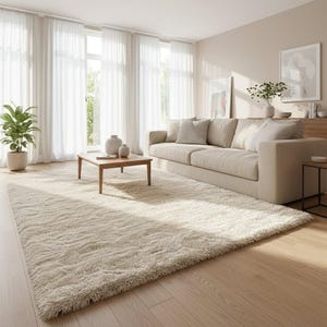 May include: A living room scene featuring a large, cream-colored shag rug, a beige sofa with throw pillows, and a wooden coffee table. Sheer white curtains frame a bright window, and a potted plant adds a touch of greenery.