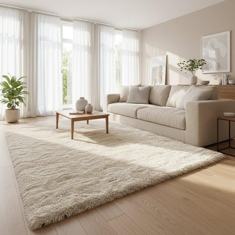 May include: A living room scene featuring a large, cream-colored shag rug, a beige sofa with throw pillows, and a wooden coffee table. Sheer white curtains frame a bright window, and a potted plant adds a touch of greenery.
