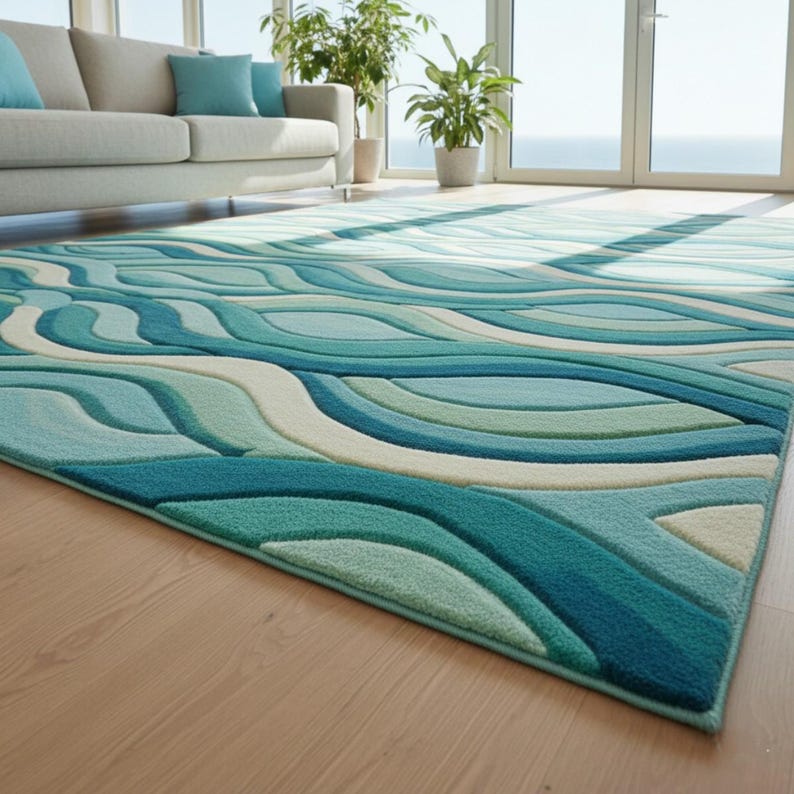 Handmade Wool Area Rug – 3D Ocean Wave Design, Modern Teal Carpet - Etsy