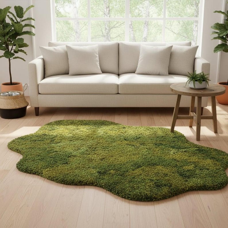 May include: A green, irregularly shaped rug with a moss-like texture sits on a light wood floor. A beige sofa with four pillows is in the background, along with a small wooden side table and potted plants.