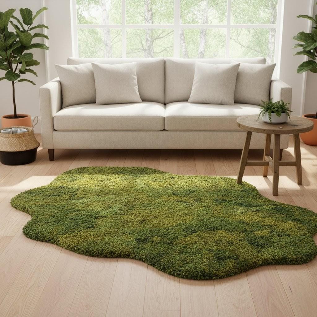 Hand Tufted Moss Rug | Green Nature Wool Carpet | Irregular Shape ...