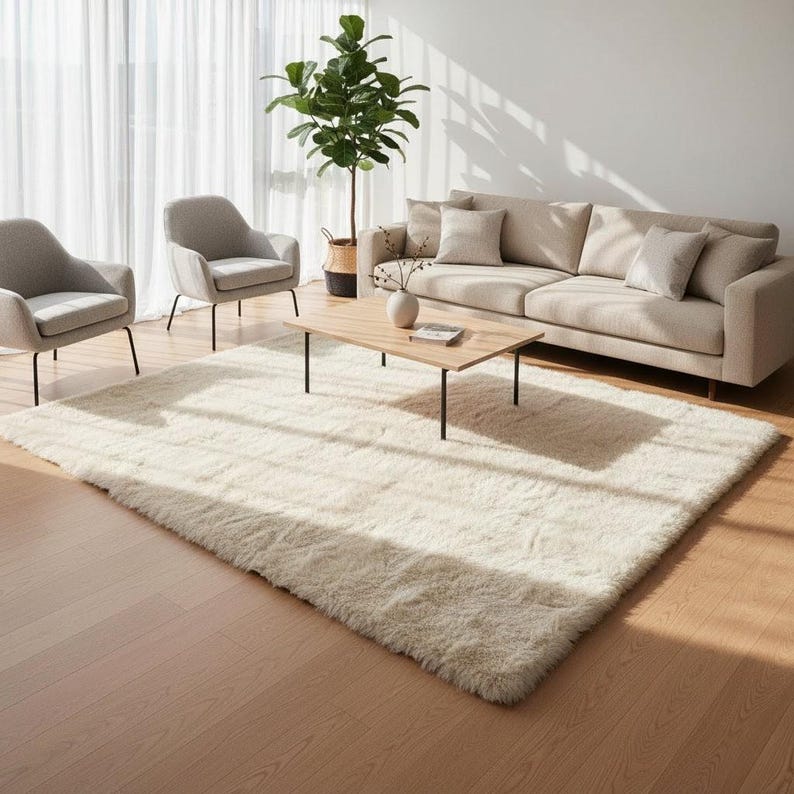 May include: A cream-colored, rectangular shag rug in a living room setting. The rug is placed on a hardwood floor, with a light-colored sofa, two armchairs, and a wooden coffee table. A potted plant and sheer curtains are also visible.