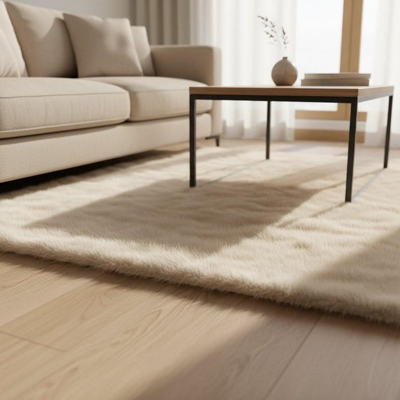 May include: A beige living room scene featuring a plush, cream-colored rug, a light-colored sofa with pillows, and a square coffee table with a wooden top and black legs. The room has hardwood flooring and natural light.