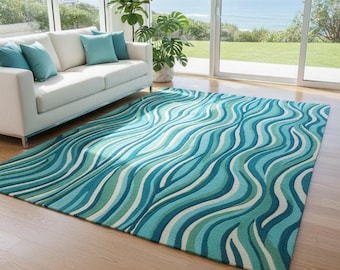 Ocean Wave Wool Rug | Teal Blue Hand-Tufted Area Carpet | Modern Coastal Style
